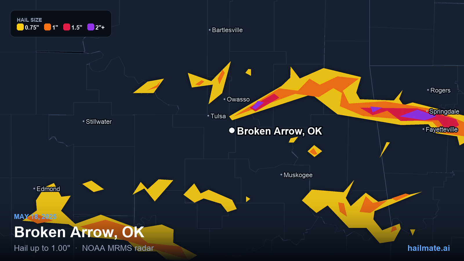 Hail swath map for Broken Arrow, OK on May 18, 2025 showing 1.00 inch hail.