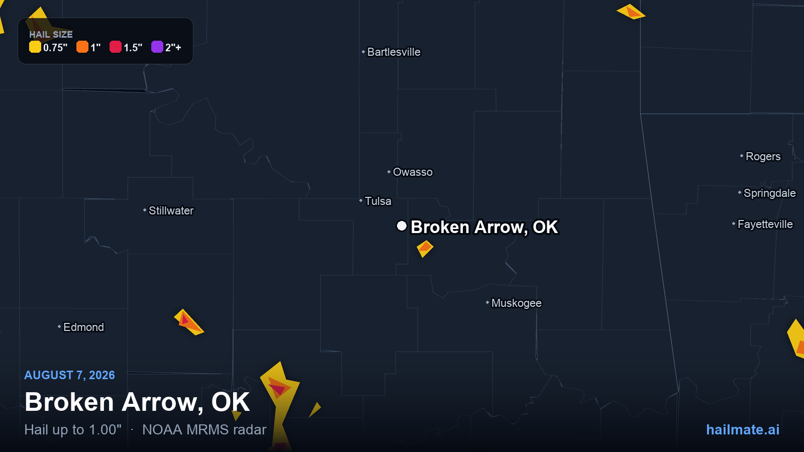 Hail swath map for Broken Arrow, OK on August 7, 2026 showing 1.00 inch hail.