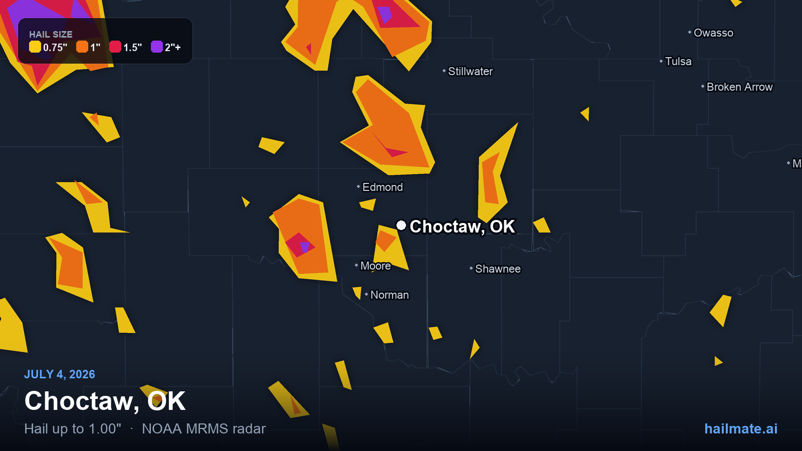 Hail swath map for Choctaw, OK on July 4, 2026 showing 1.00 inch hail.