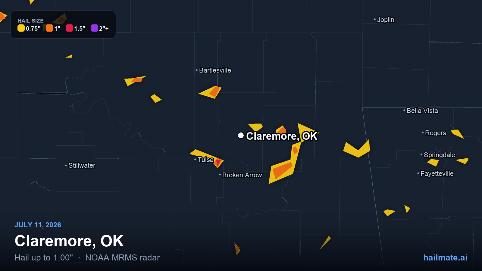 Hail swath map for Claremore, OK on July 11, 2026 showing 1.00 inch hail.