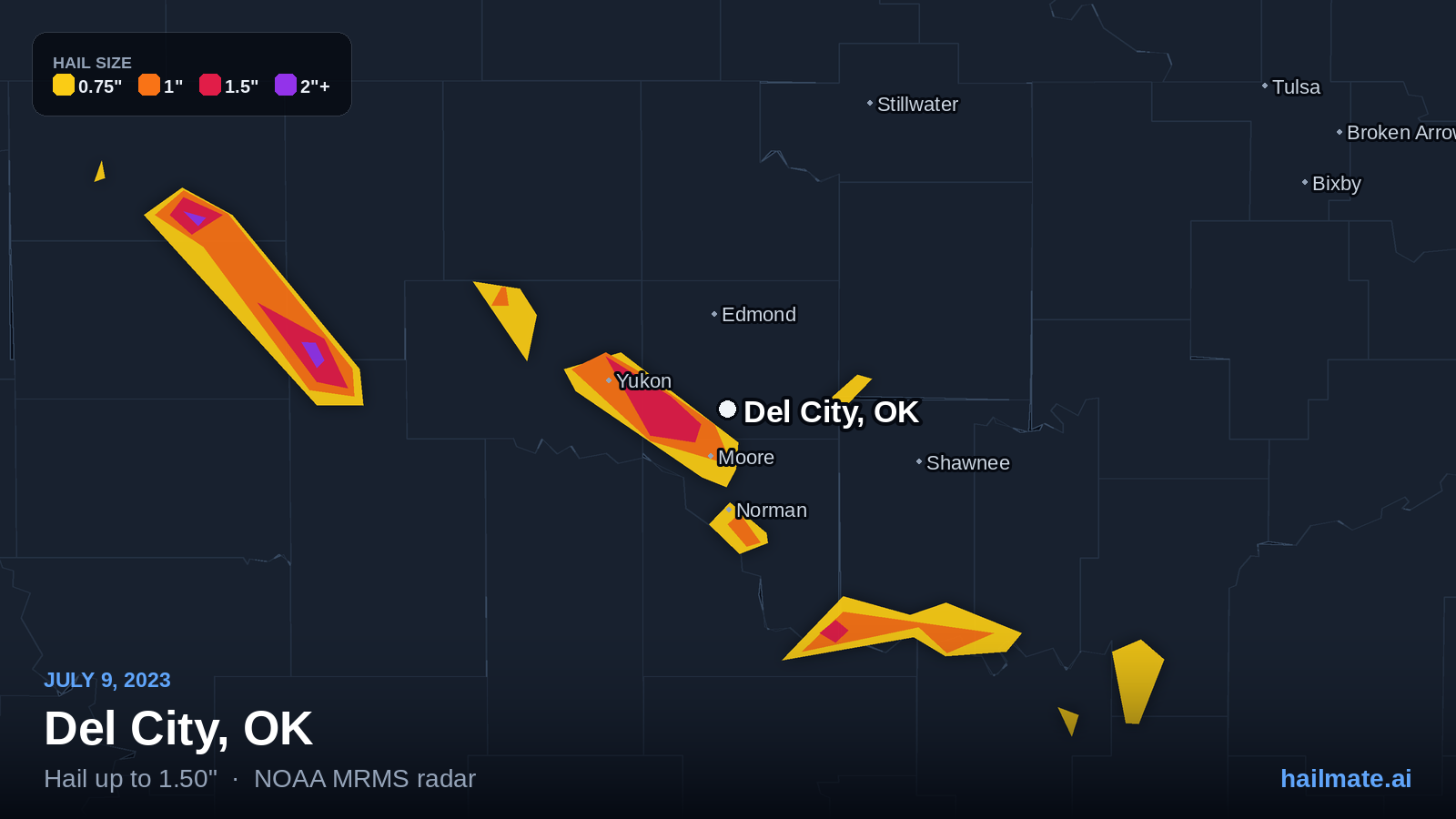 Hail swath map for Del City, OK on July 9, 2023 showing 1.50 inch hail.