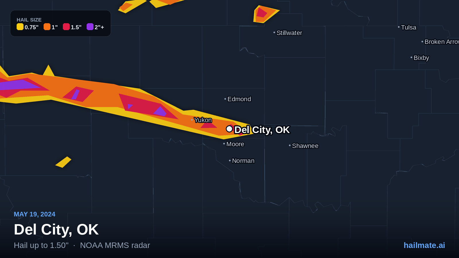 Hail swath map for Del City, OK on May 19, 2024 showing 1.50 inch hail.