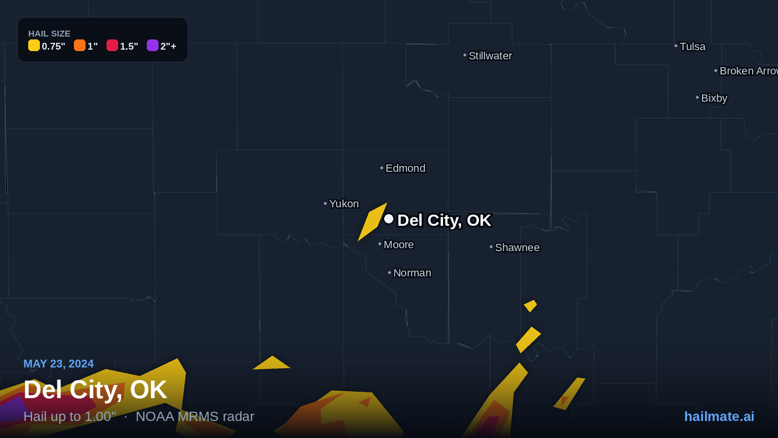 Hail swath map for Del City, OK on May 23, 2024 showing 1.00 inch hail.