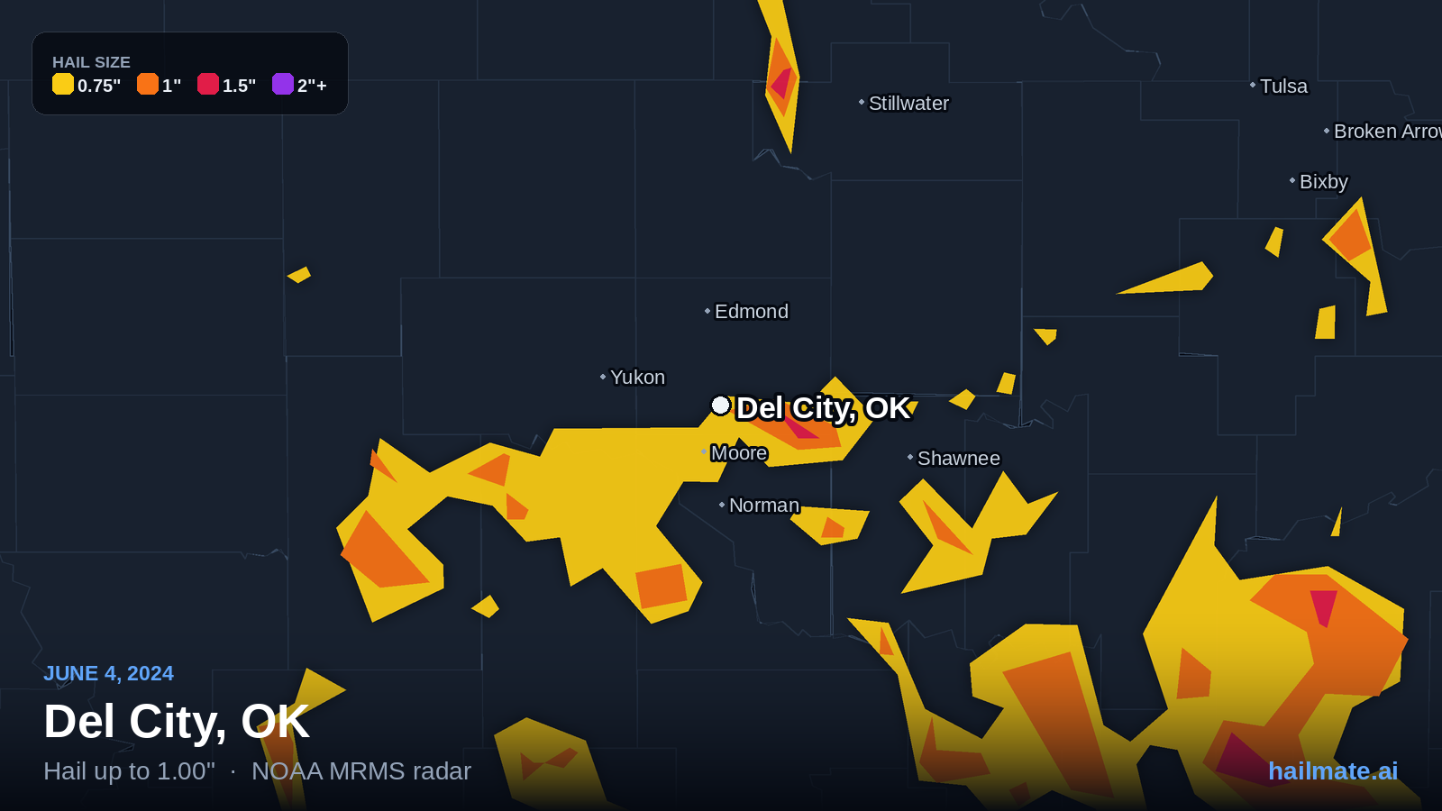 Hail swath map for Del City, OK on June 4, 2024 showing 1.00 inch hail.