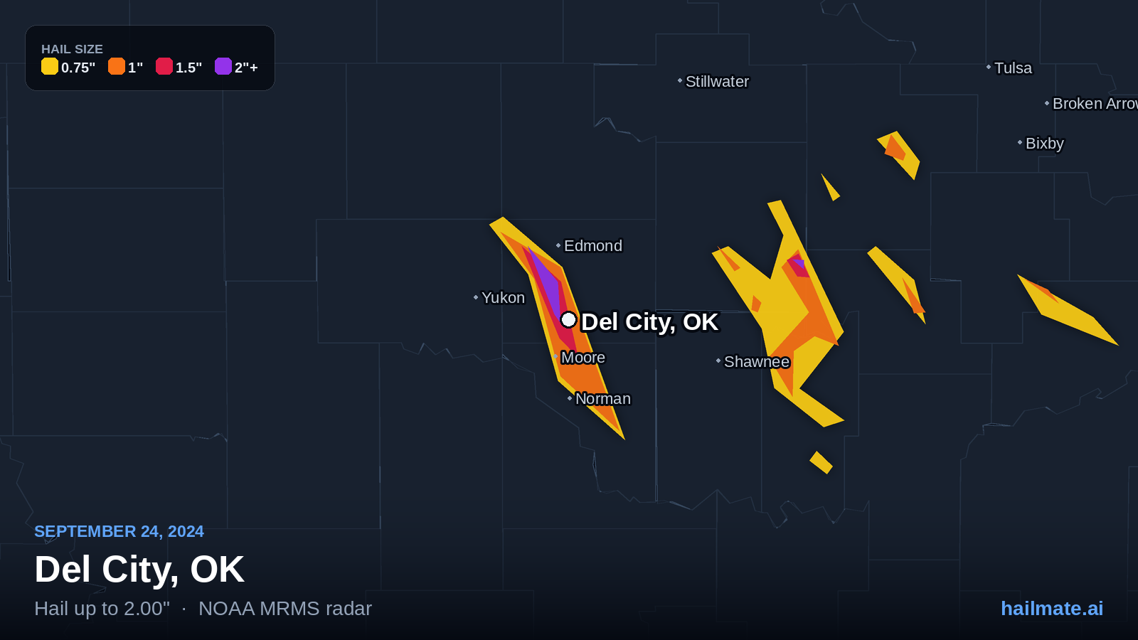 Hail swath map for Del City, OK on September 24, 2024 showing 2.00 inch hail.