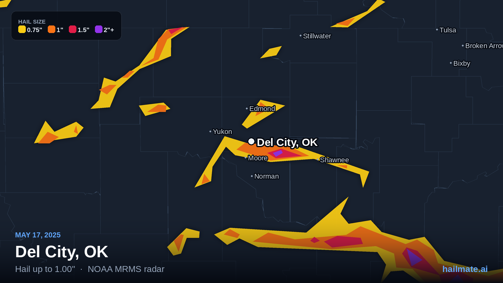 Hail swath map for Del City, OK on May 17, 2025 showing 1.00 inch hail.