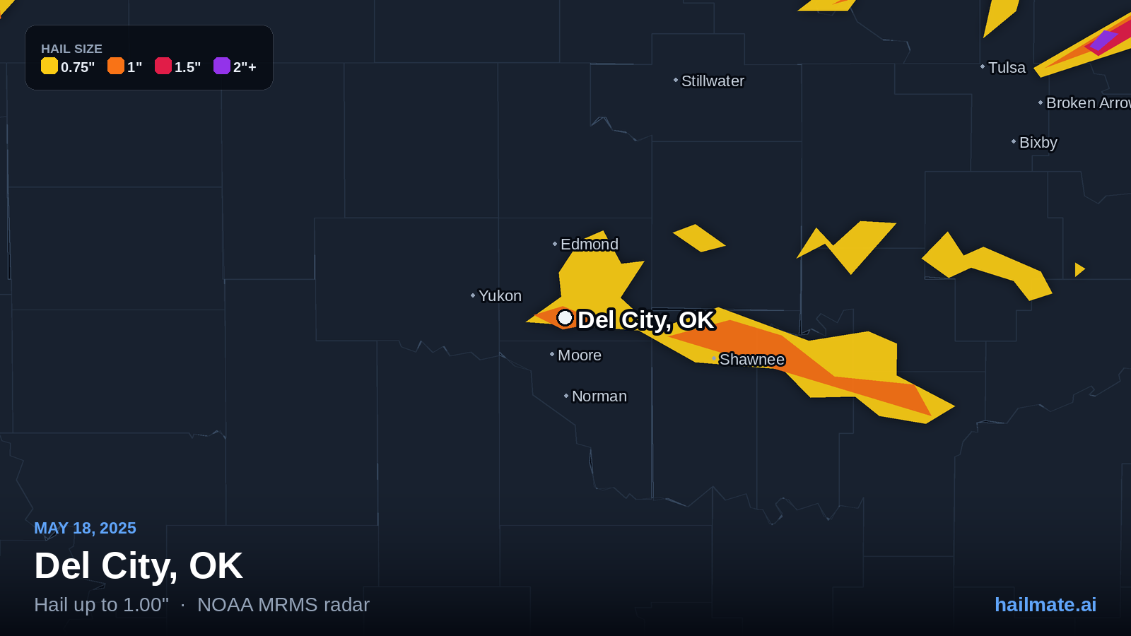 Hail swath map for Del City, OK on May 18, 2025 showing 1.00 inch hail.