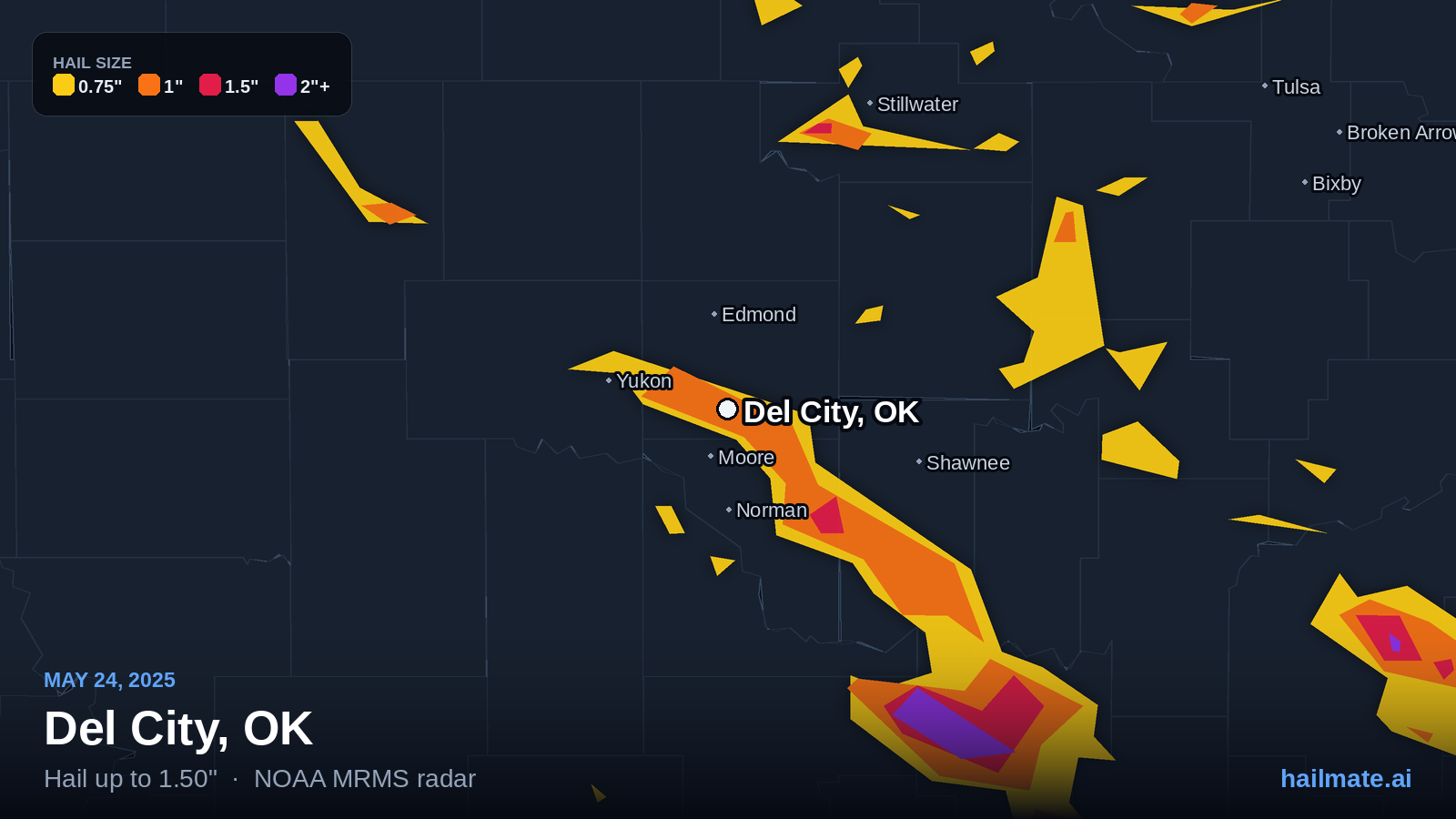 Hail swath map for Del City, OK on May 24, 2025 showing 1.50 inch hail.