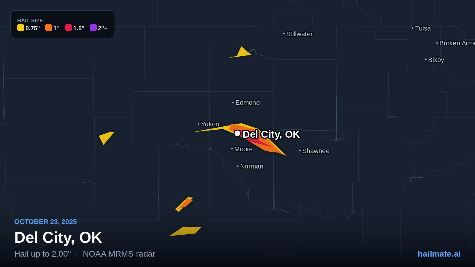 Hail swath map for Del City, OK on October 23, 2025 showing 2.00 inch hail.