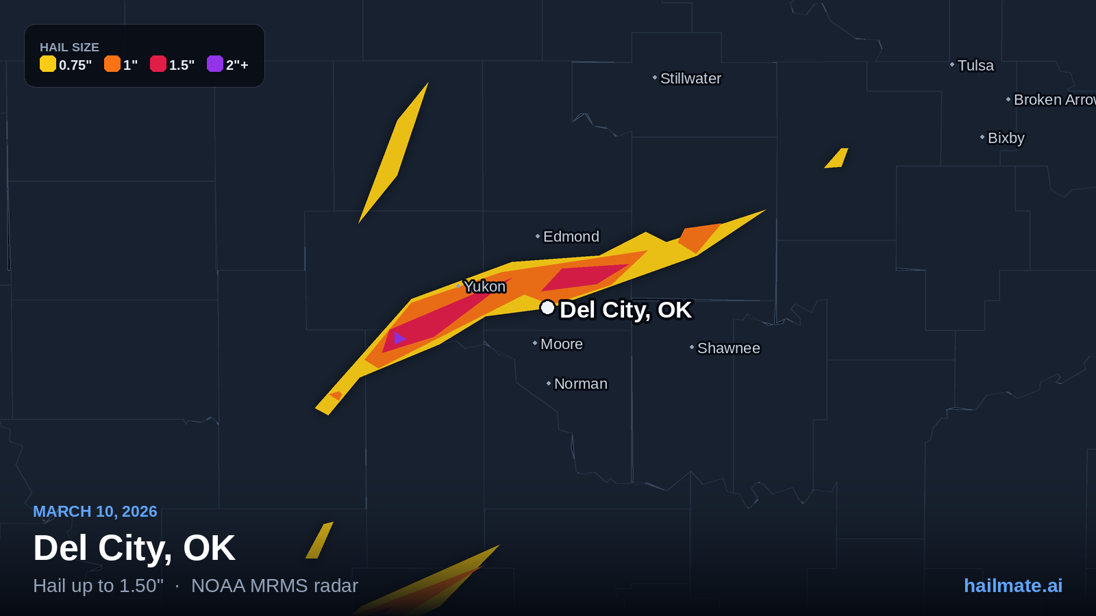 Hail swath map for Del City, OK on March 10, 2026 showing 1.50 inch hail.