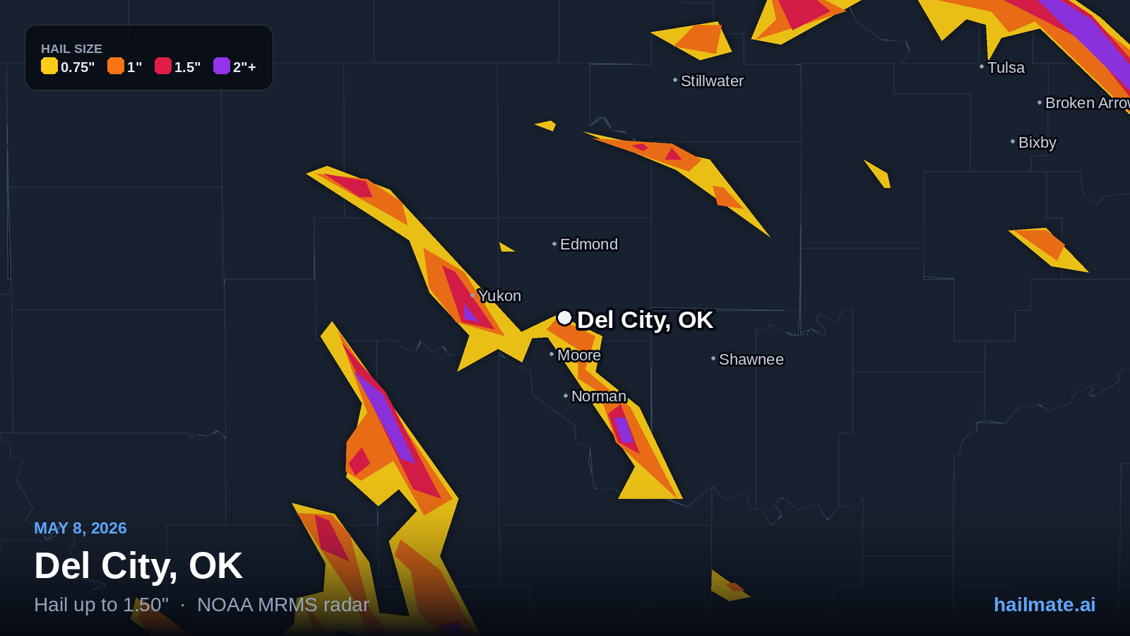 Hail swath map for Del City, OK on May 8, 2026 showing 1.50 inch hail.