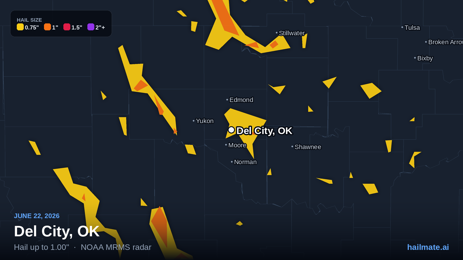 Hail swath map for Del City, OK on June 22, 2026 showing 1.00 inch hail.