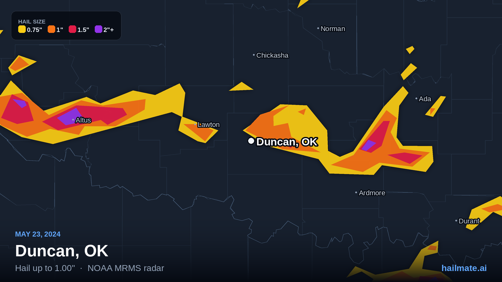 Hail swath map for Duncan, OK on May 23, 2024 showing 1.00 inch hail.