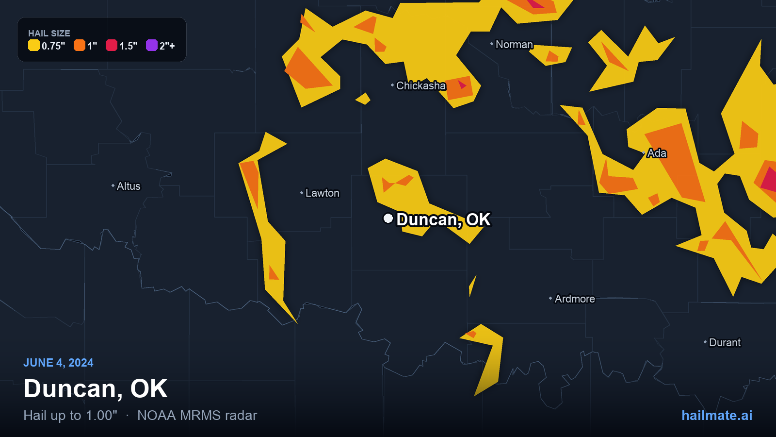 Hail swath map for Duncan, OK on June 4, 2024 showing 1.00 inch hail.