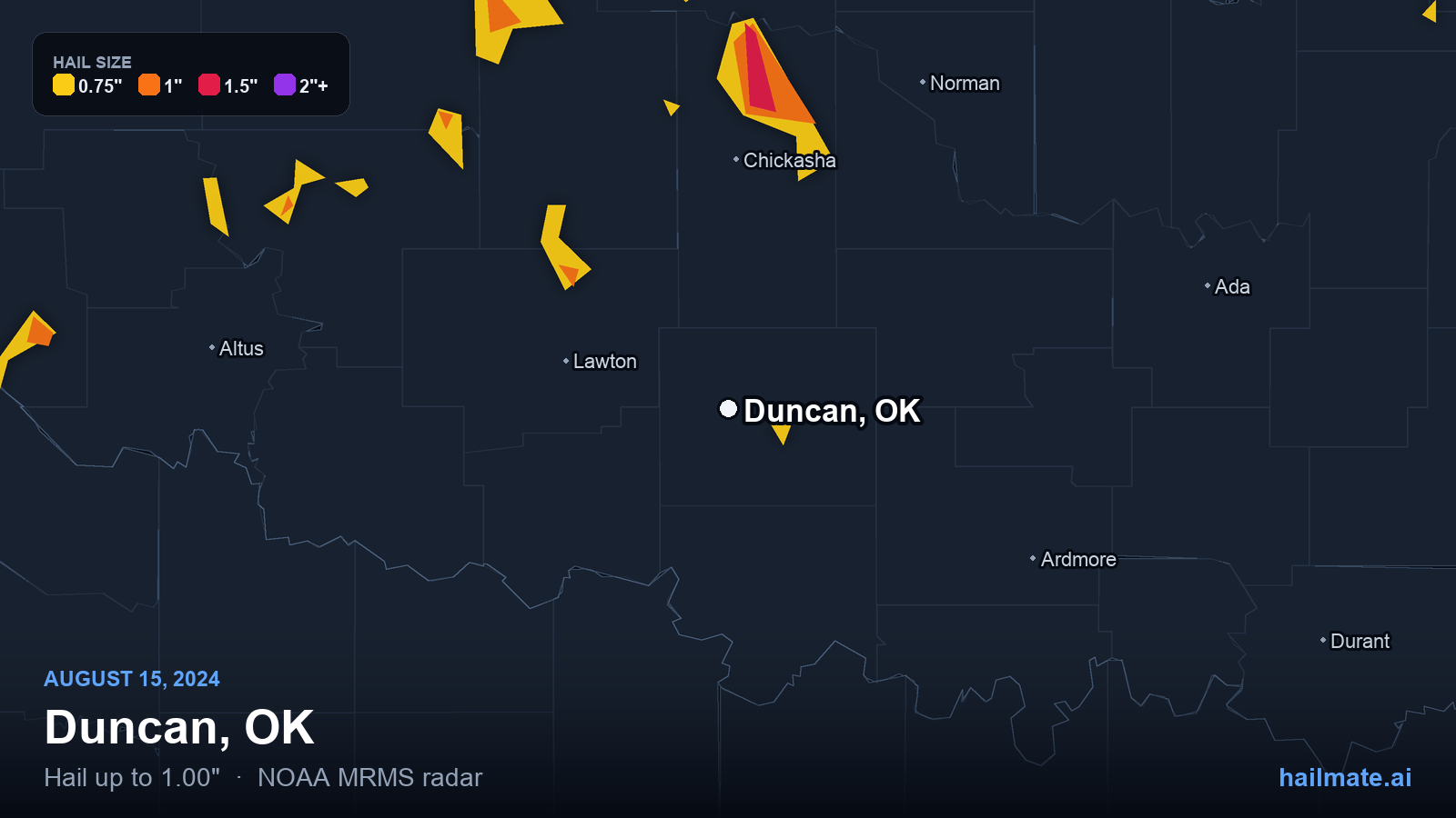 Hail swath map for Duncan, OK on August 15, 2024 showing 1.00 inch hail.