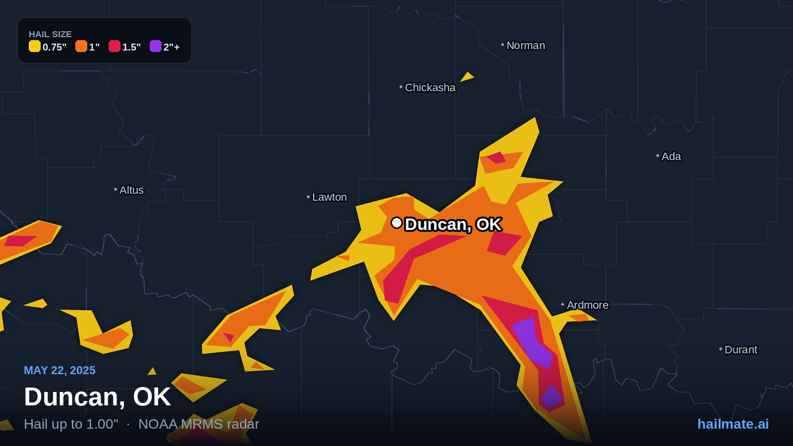 Hail swath map for Duncan, OK on May 22, 2025 showing 1.00 inch hail.