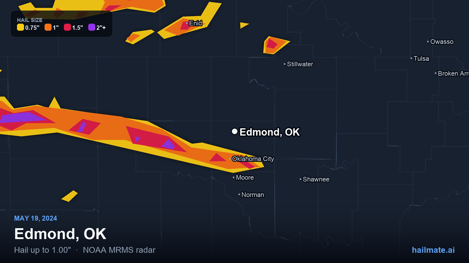Hail swath map for Edmond, OK on May 19, 2024 showing 1.00 inch hail.