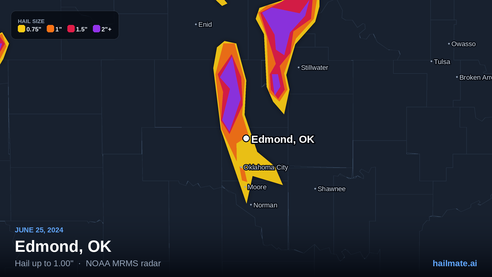 Hail swath map for Edmond, OK on June 25, 2024 showing 1.00 inch hail.
