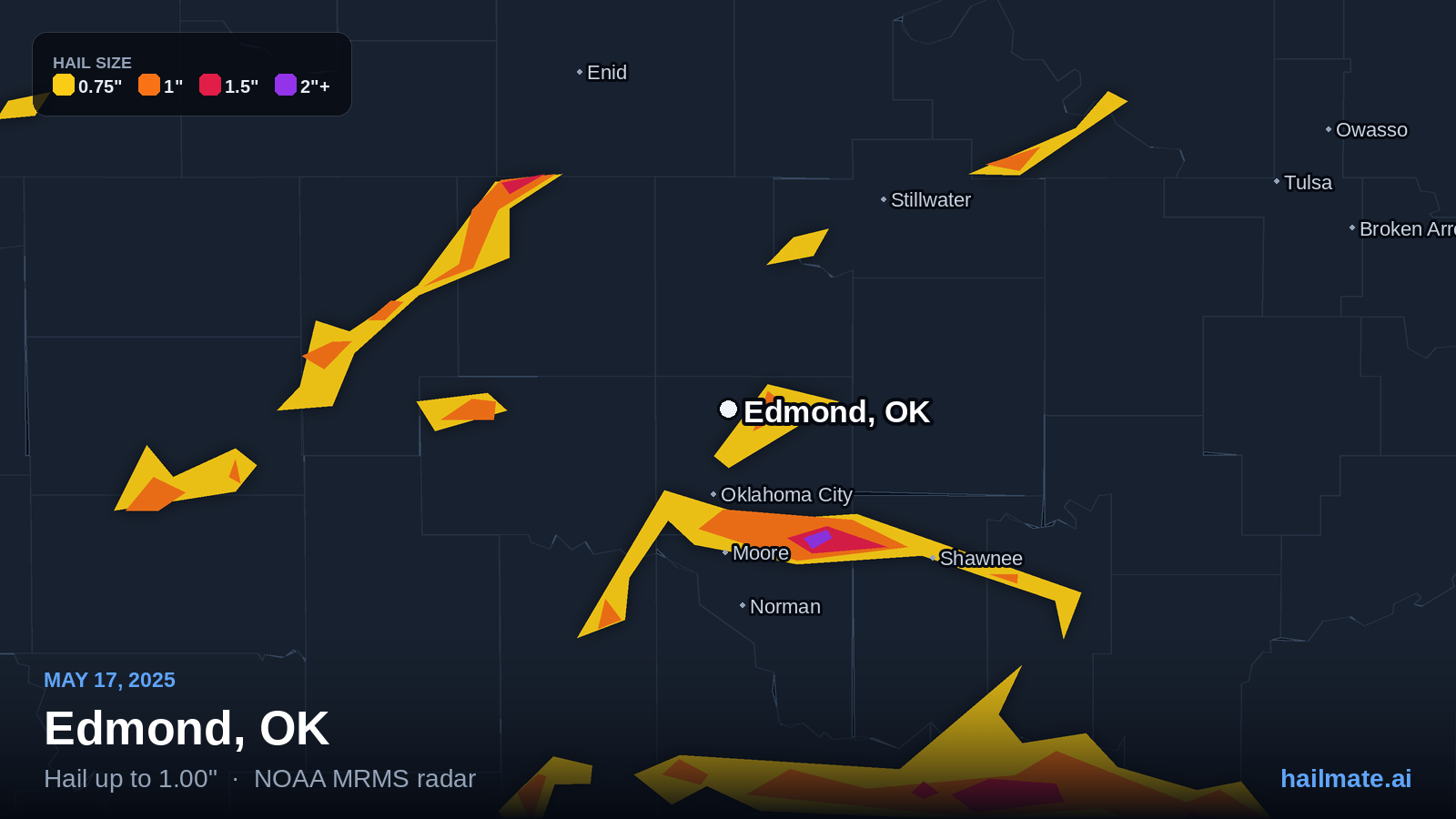 Hail swath map for Edmond, OK on May 17, 2025 showing 1.00 inch hail.