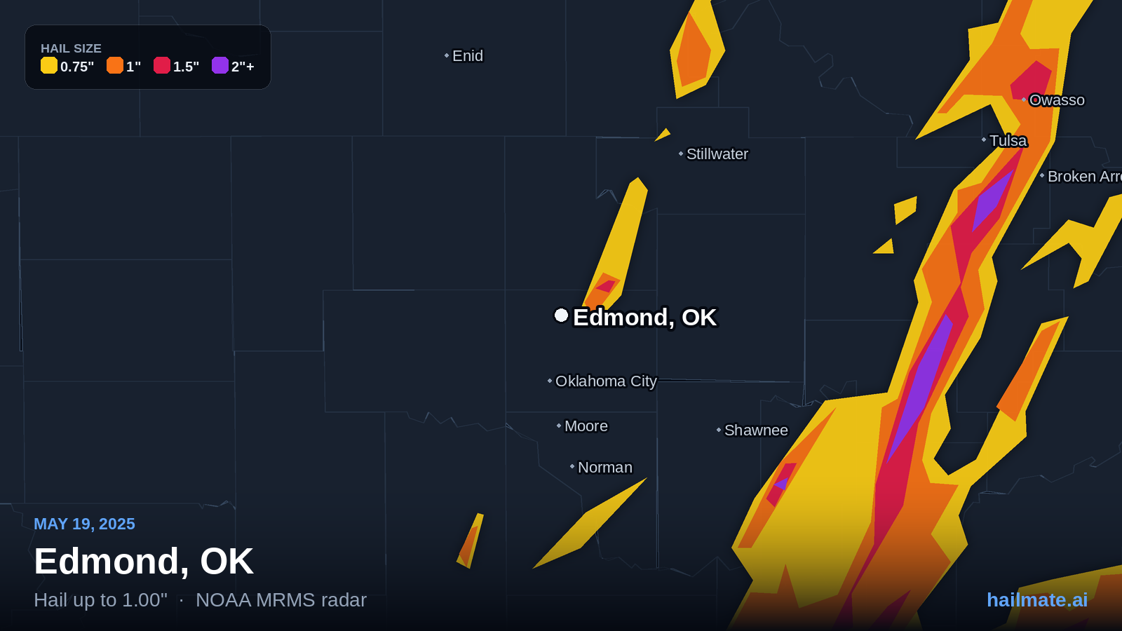 Hail swath map for Edmond, OK on May 19, 2025 showing 1.00 inch hail.