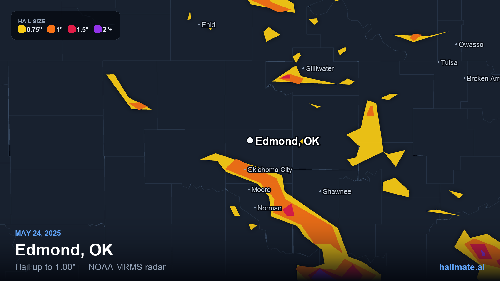Hail swath map for Edmond, OK on May 24, 2025 showing 1.00 inch hail.