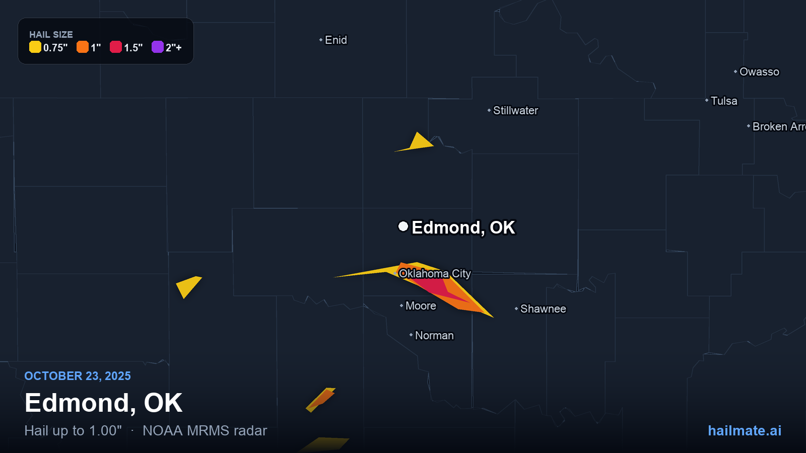 Hail swath map for Edmond, OK on October 23, 2025 showing 1.00 inch hail.