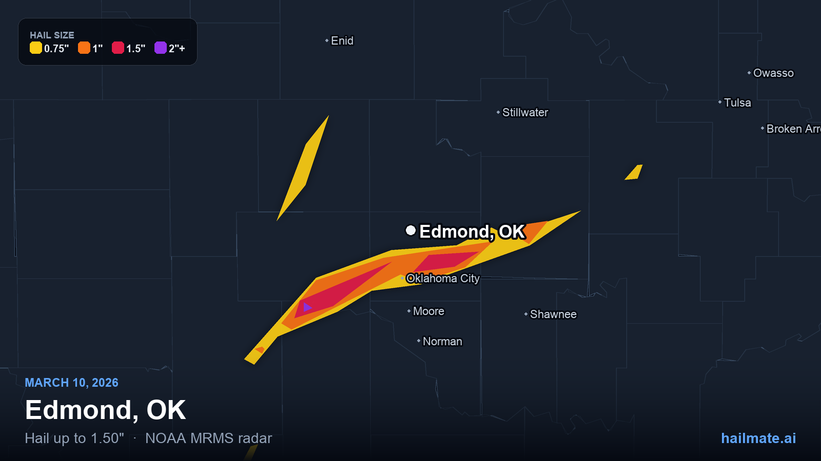 Hail swath map for Edmond, OK on March 10, 2026 showing 1.50 inch hail.