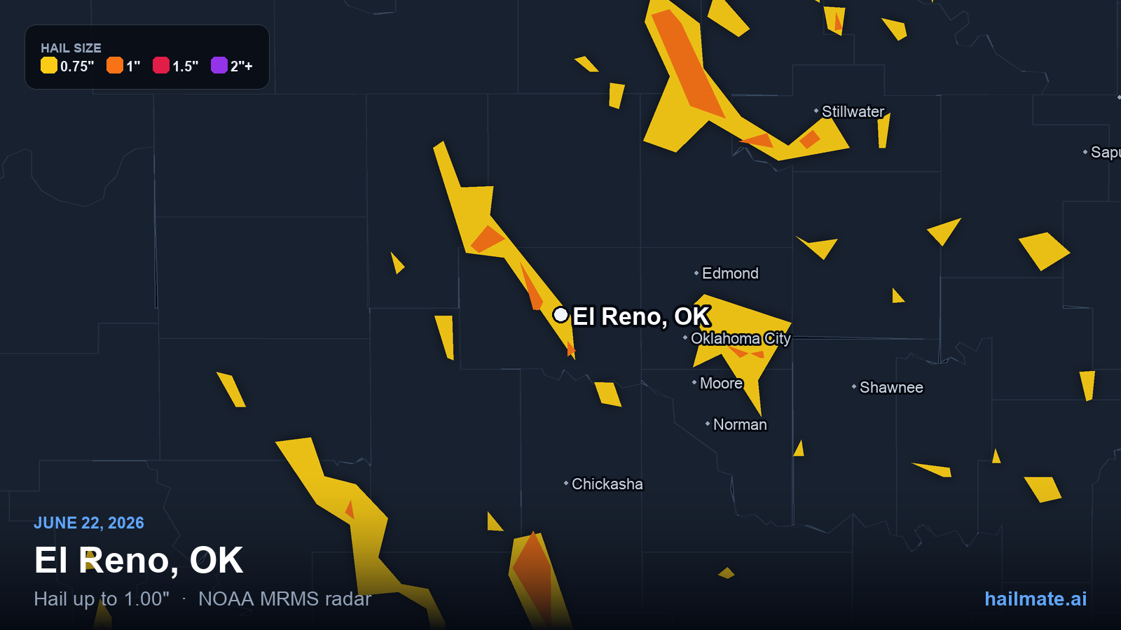 Hail swath map for El Reno, OK on June 22, 2026 showing 1.00 inch hail.