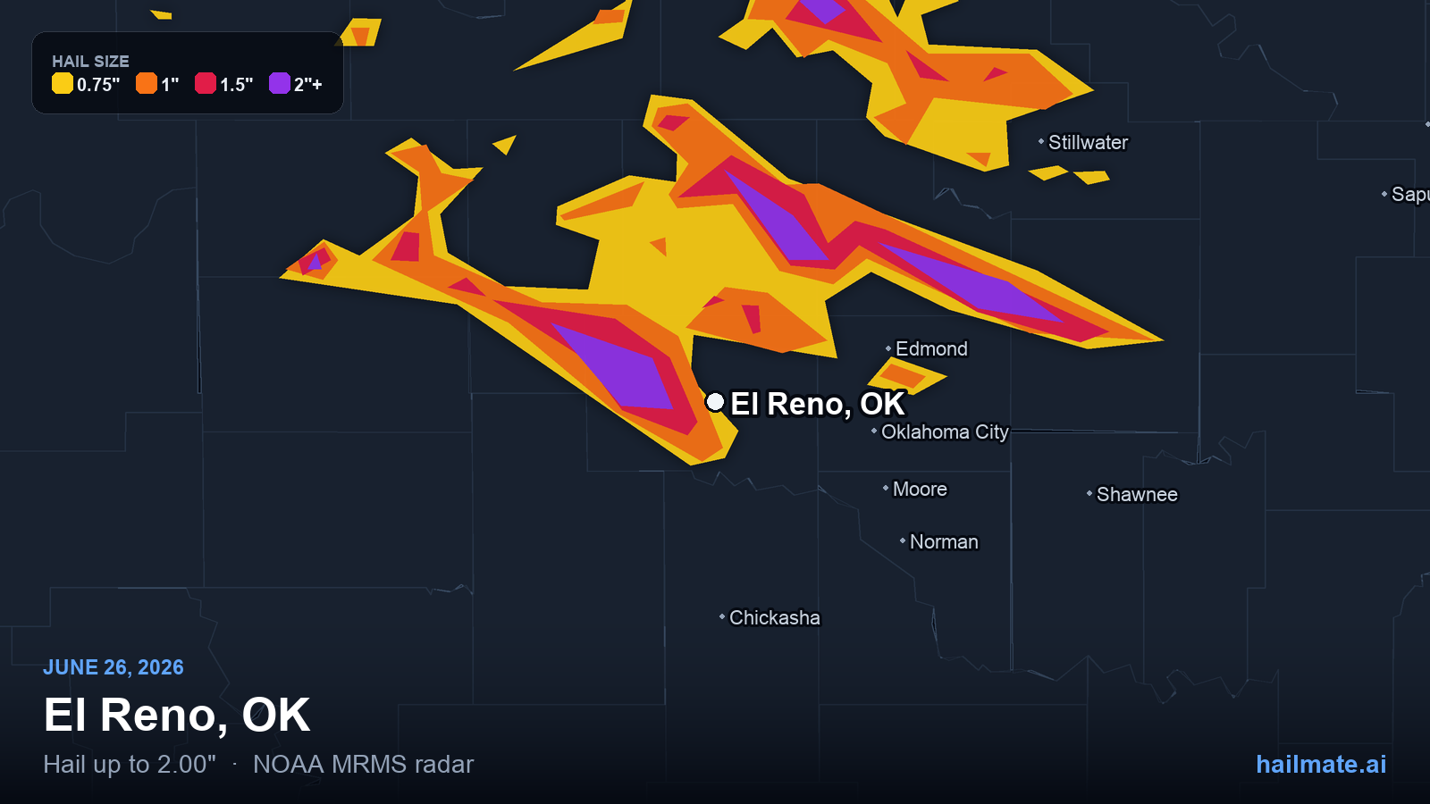 Hail swath map for El Reno, OK on June 26, 2026 showing 2.00 inch hail.