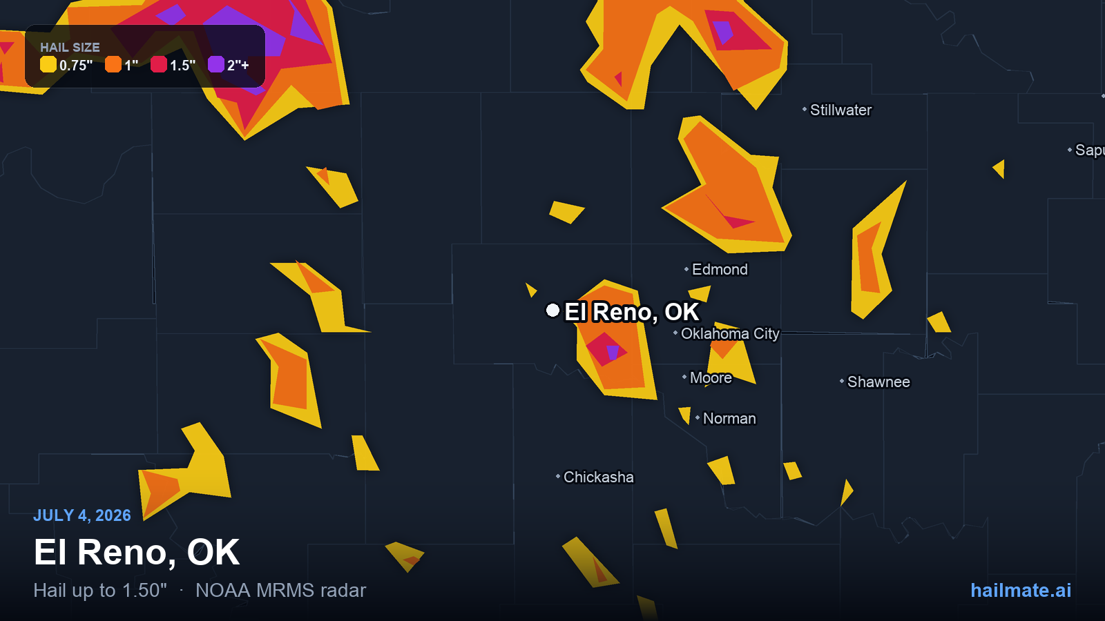 Hail swath map for El Reno, OK on July 4, 2026 showing 1.50 inch hail.