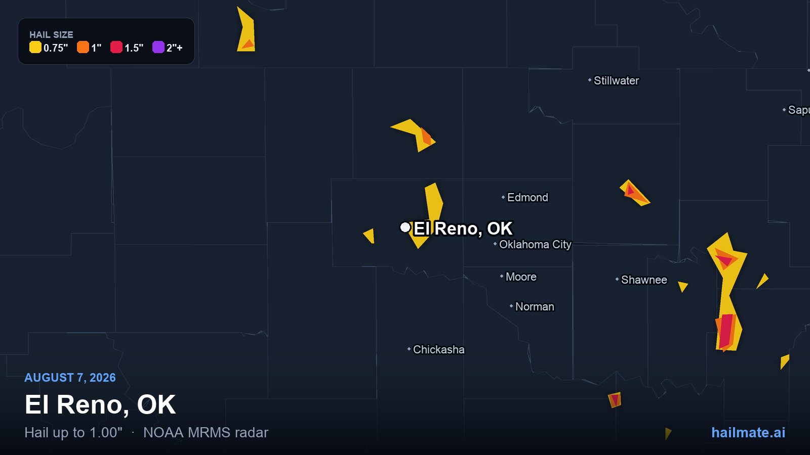 Hail swath map for El Reno, OK on August 7, 2026 showing 1.00 inch hail.