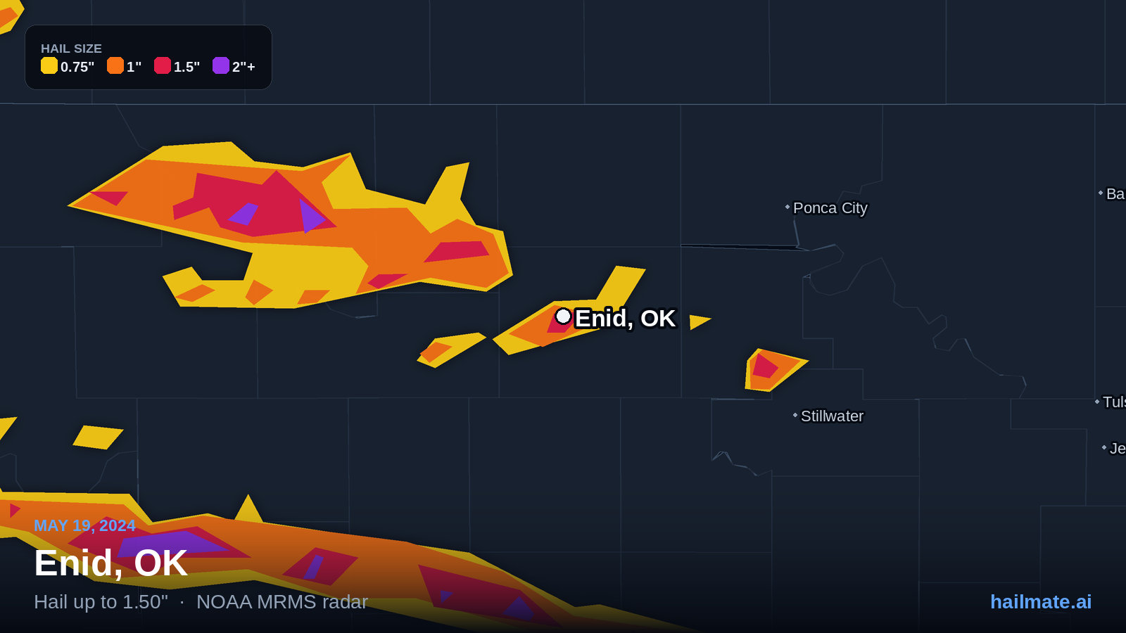 Hail swath map for Enid, OK on May 19, 2024 showing 1.50 inch hail.