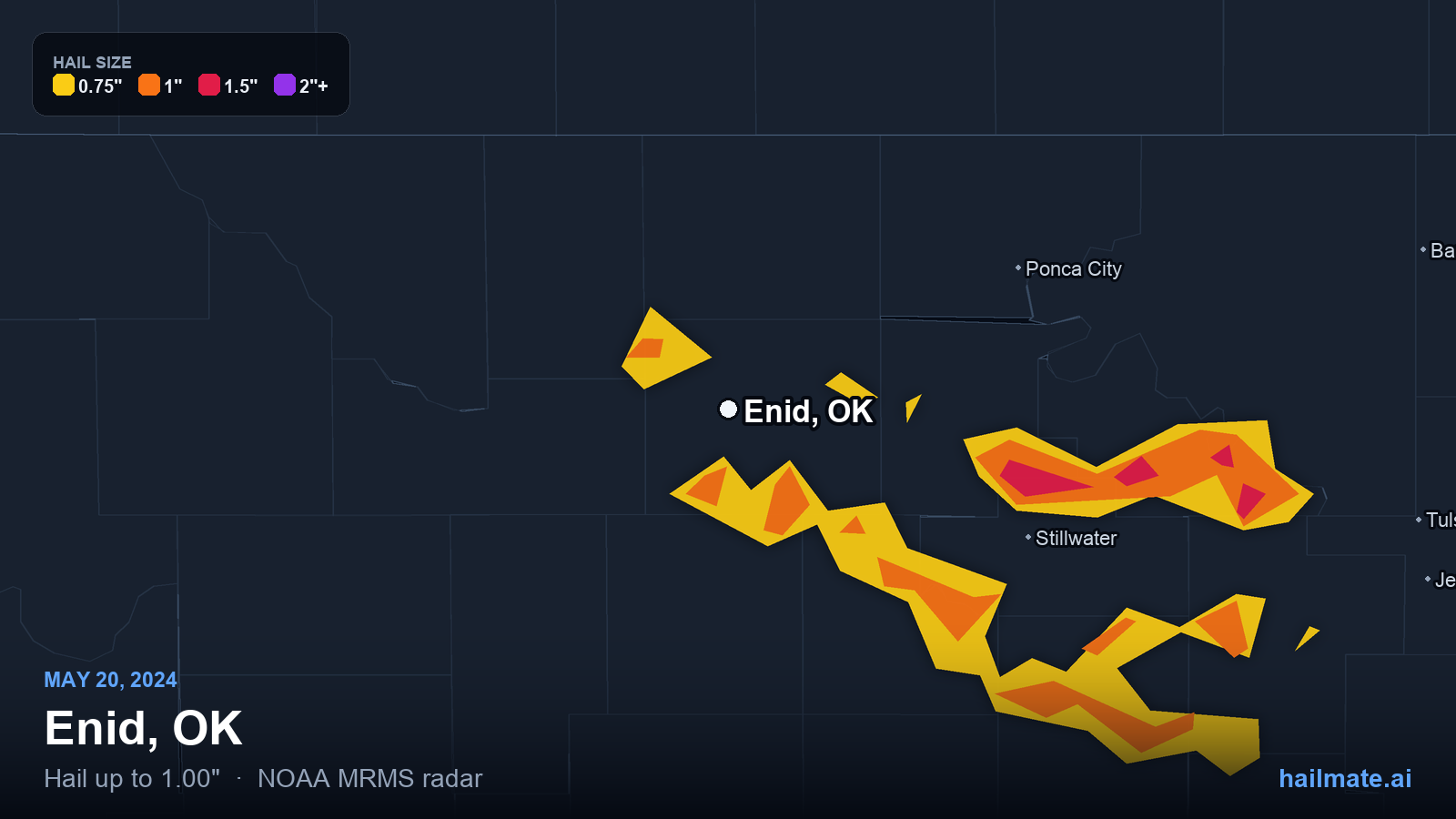 Hail swath map for Enid, OK on May 20, 2024 showing 1.00 inch hail.