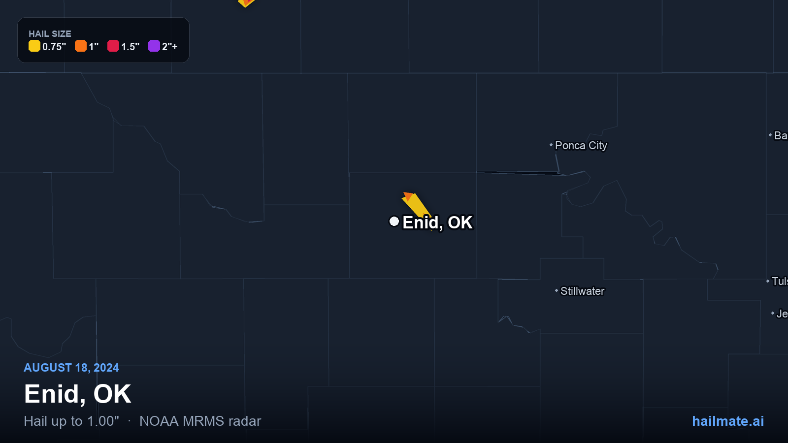 Hail swath map for Enid, OK on August 18, 2024 showing 1.00 inch hail.