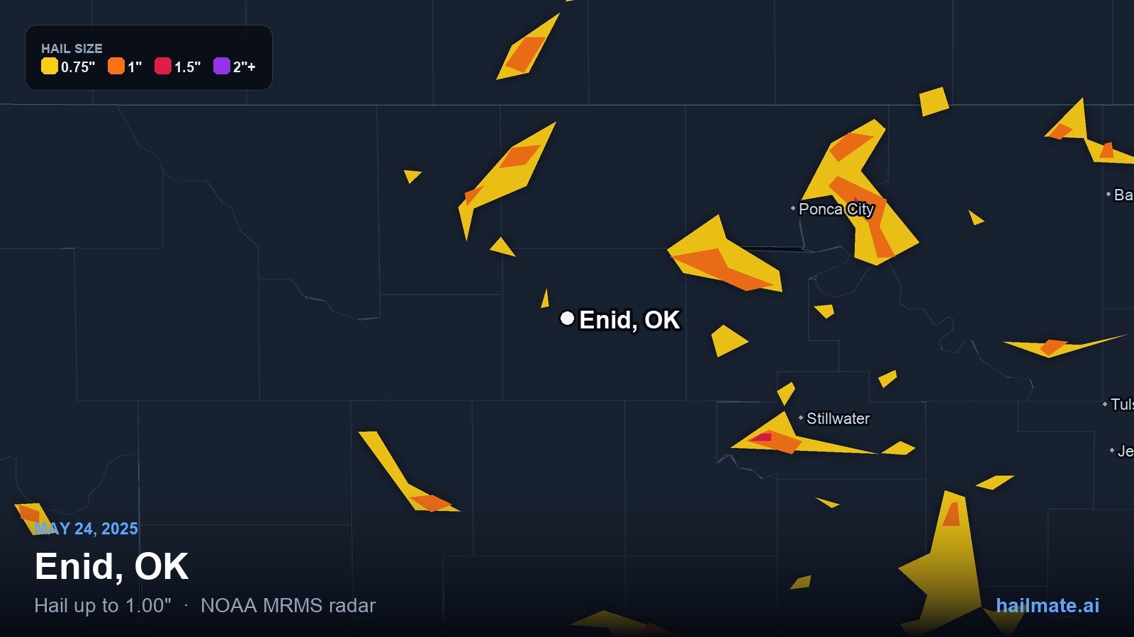 Hail swath map for Enid, OK on May 24, 2025 showing 1.00 inch hail.