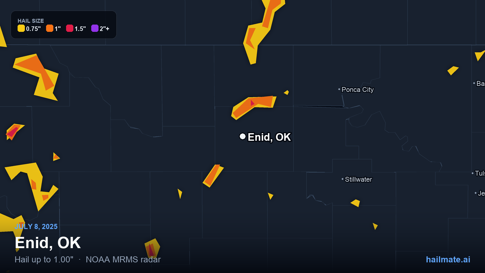Hail swath map for Enid, OK on July 8, 2025 showing 1.00 inch hail.