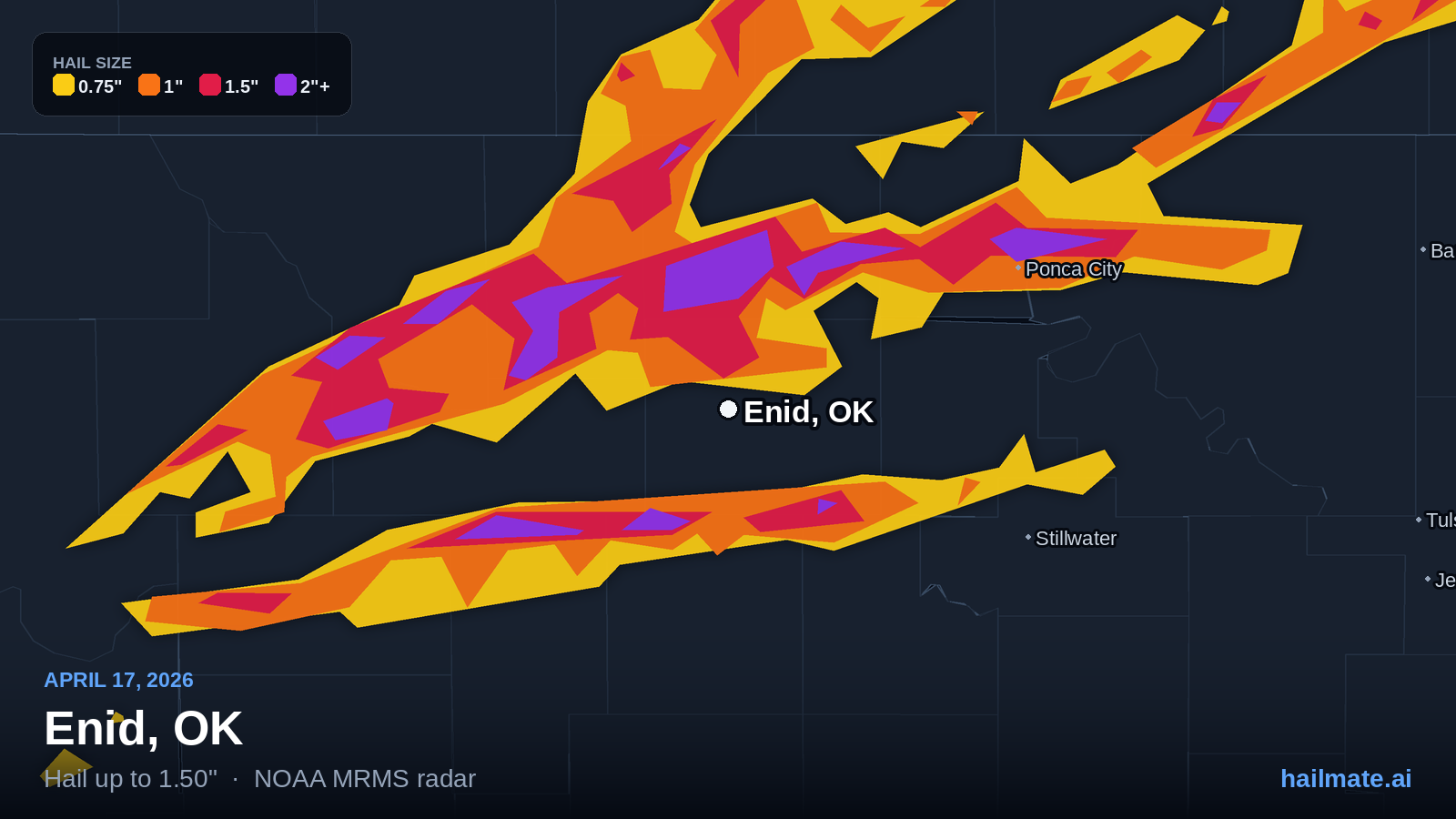 Hail swath map for Enid, OK on April 17, 2026 showing 1.50 inch hail.