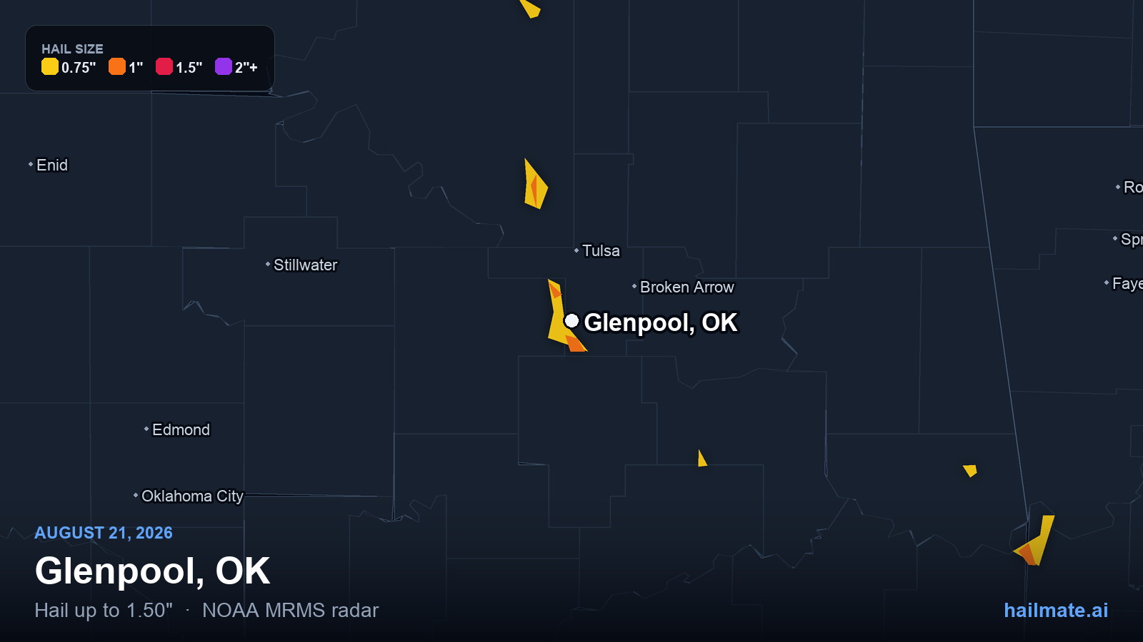 Hail swath map for Glenpool, OK on August 21, 2026 showing 1.50 inch hail.