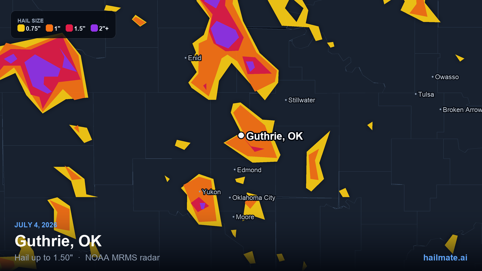 Hail swath map for Guthrie, OK on July 4, 2026 showing 1.50 inch hail.