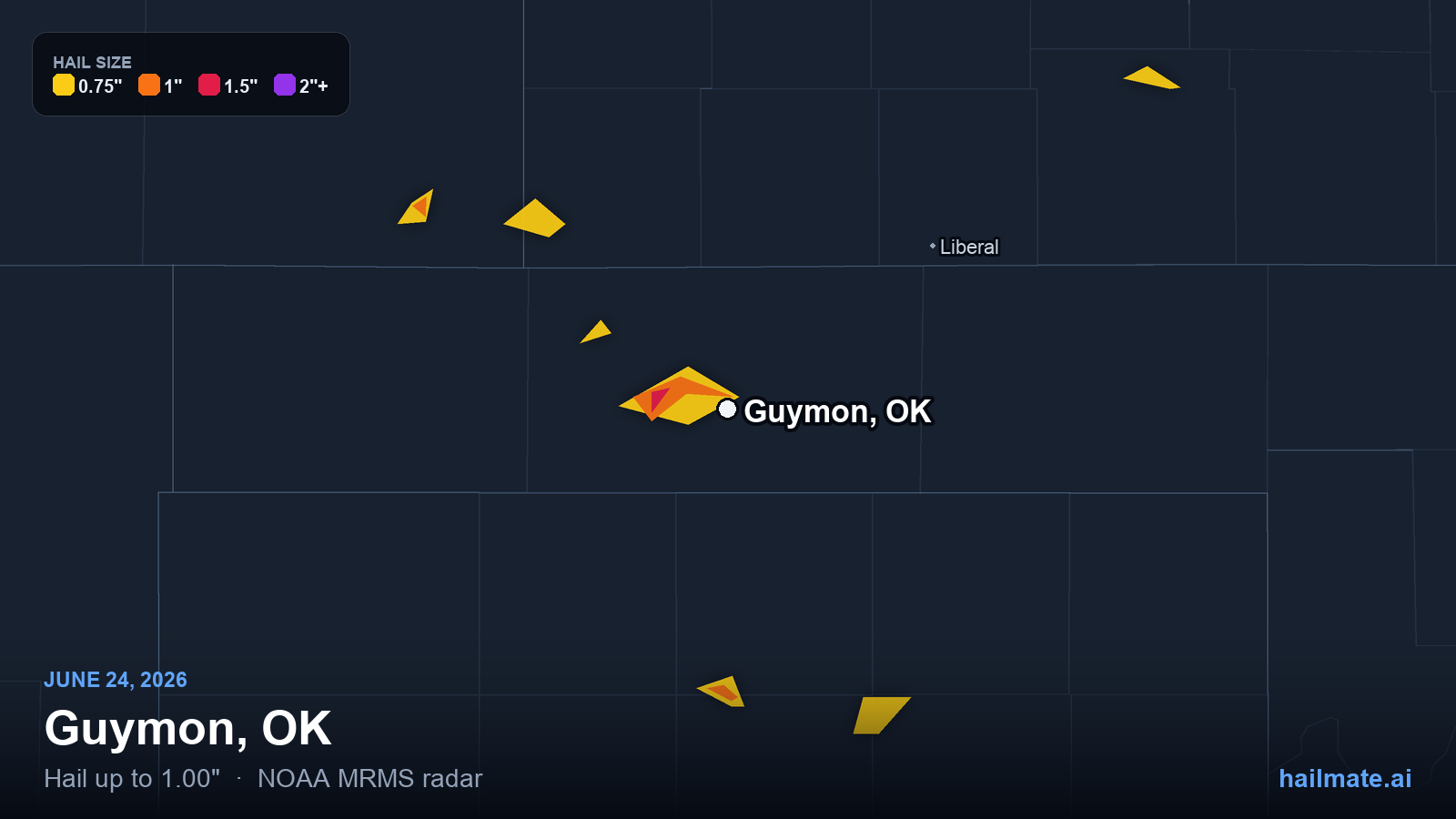 Hail swath map for Guymon, OK on June 24, 2026 showing 1.00 inch hail.