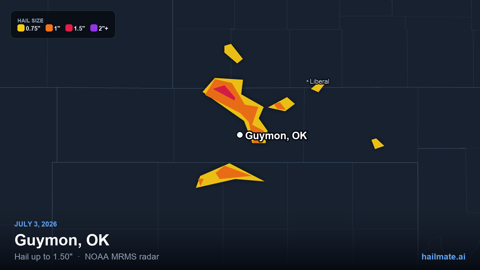 Hail swath map for Guymon, OK on July 3, 2026 showing 1.50 inch hail.