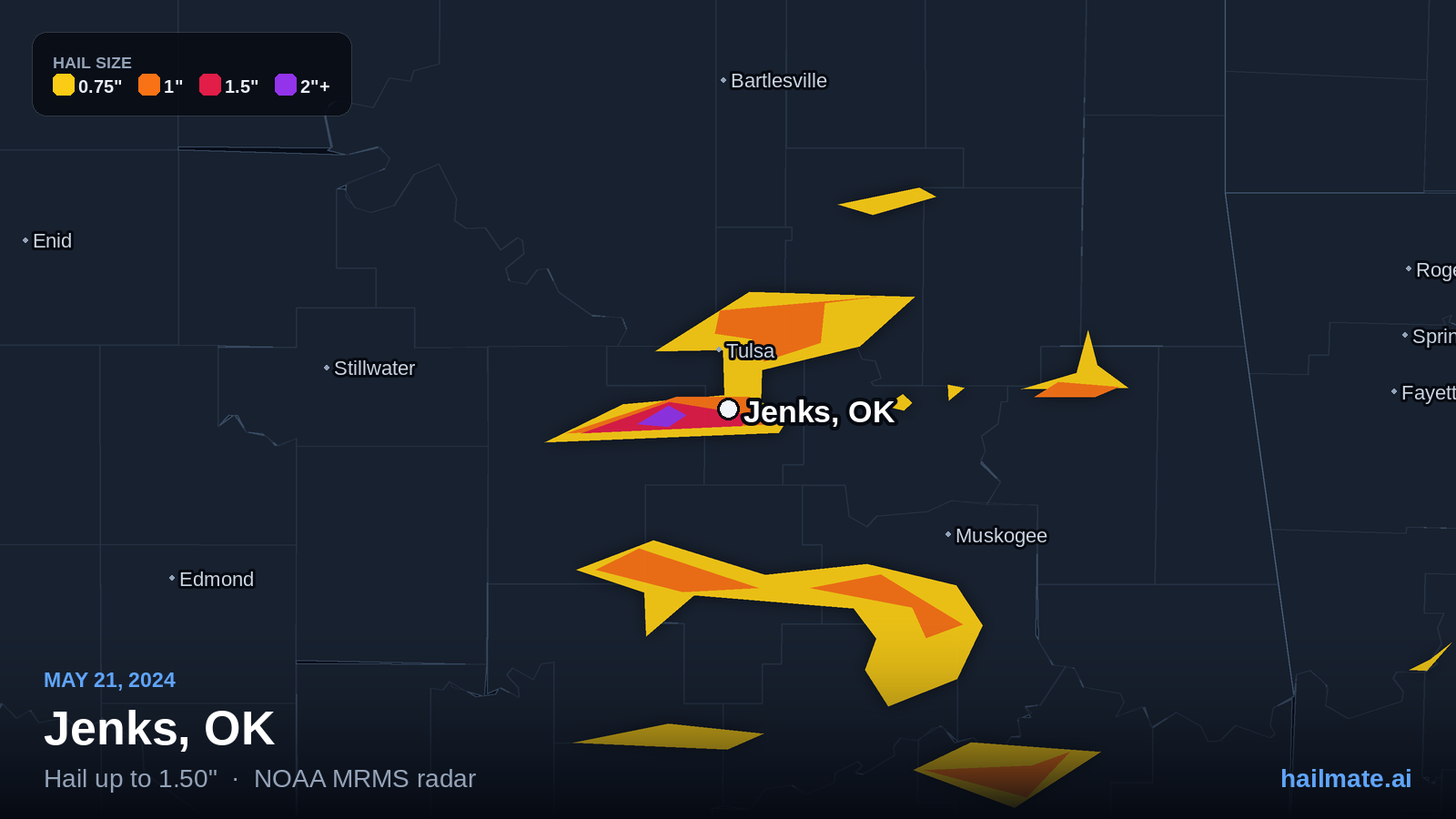 Hail swath map for Jenks, OK on May 21, 2024 showing 1.50 inch hail.