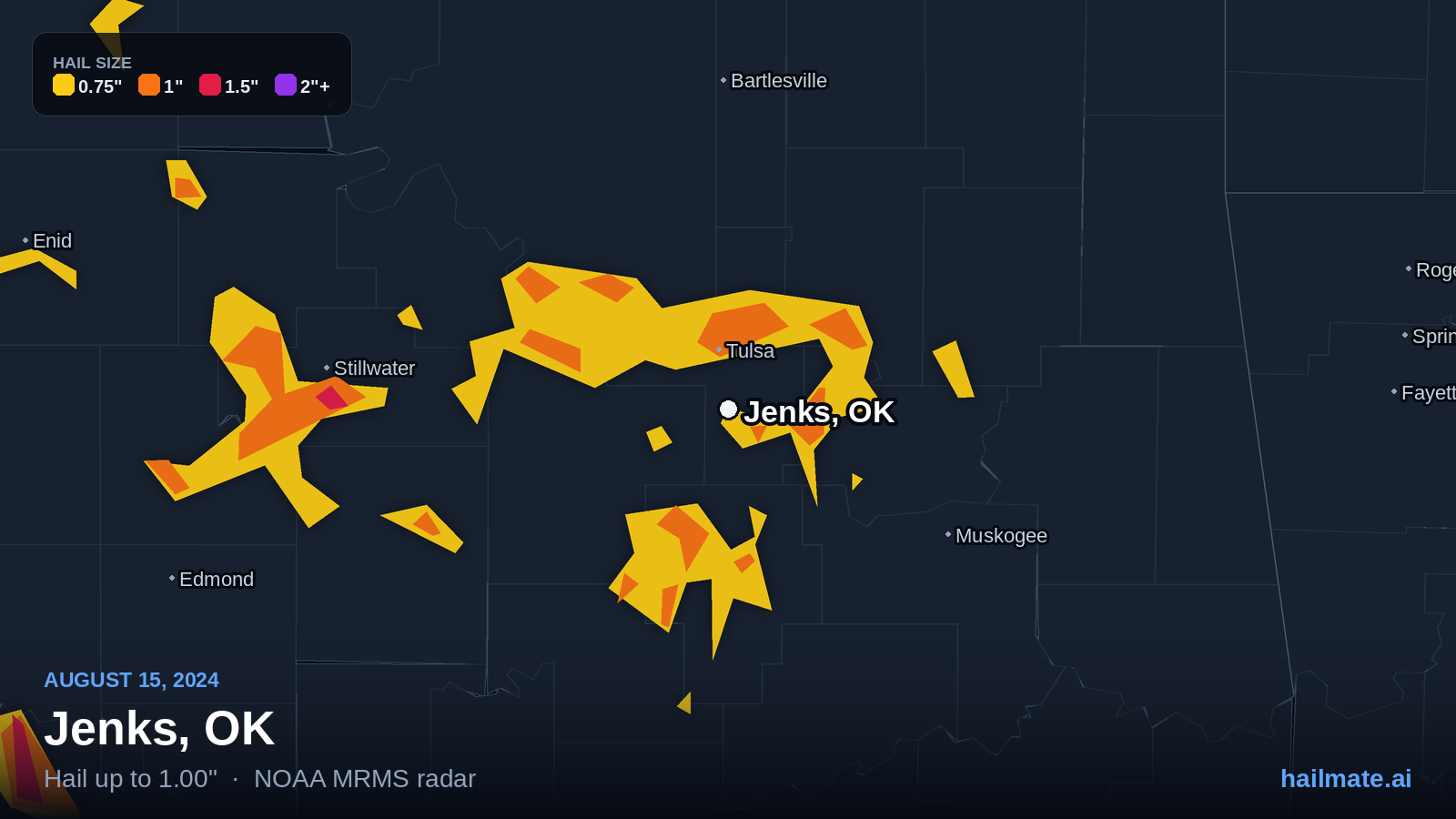 Hail swath map for Jenks, OK on August 15, 2024 showing 1.00 inch hail.