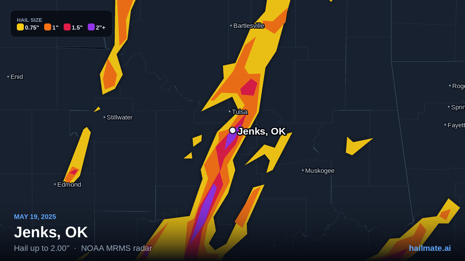 Hail swath map for Jenks, OK on May 19, 2025 showing 2.00 inch hail.