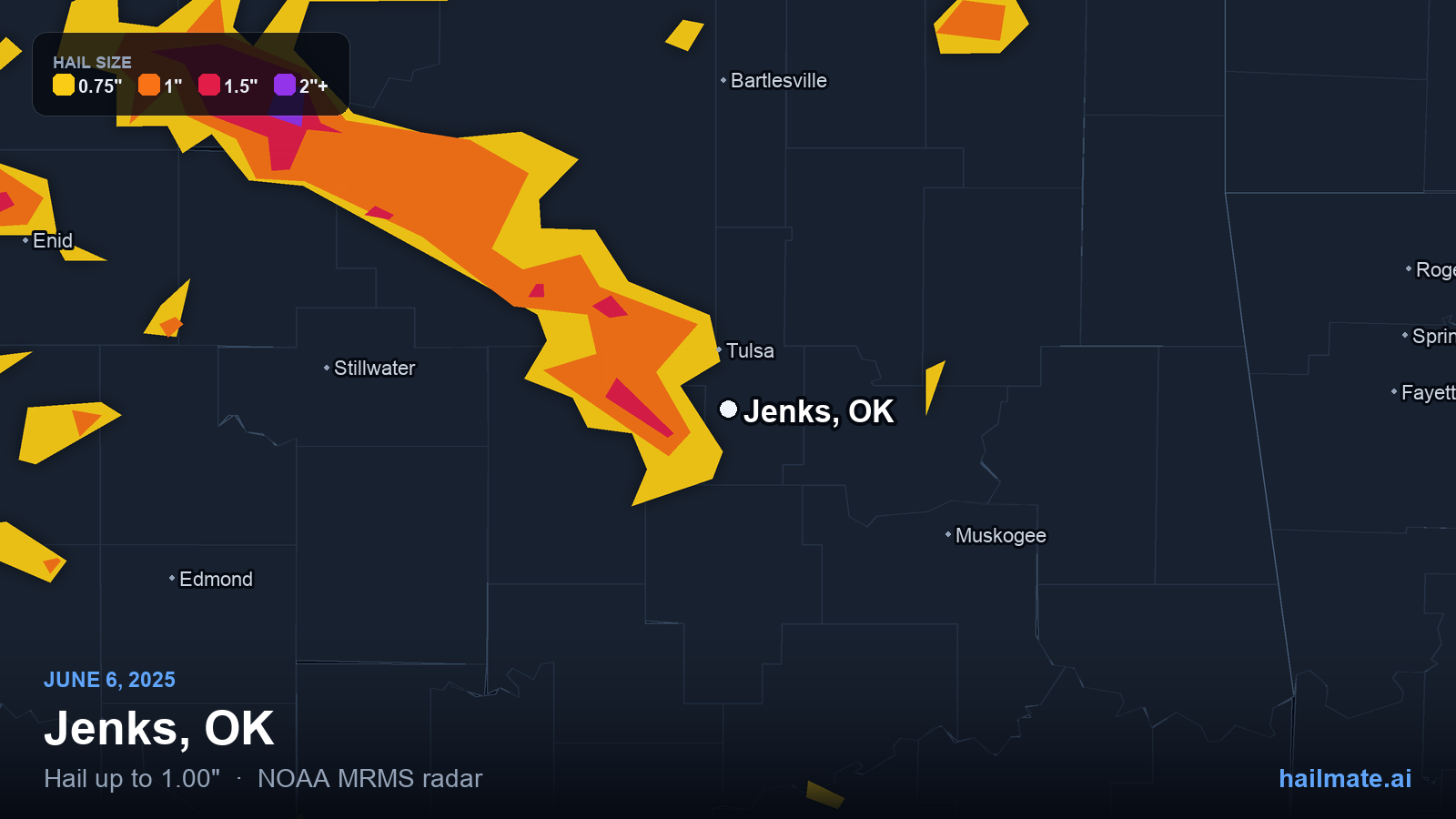 Hail swath map for Jenks, OK on June 6, 2025 showing 1.00 inch hail.