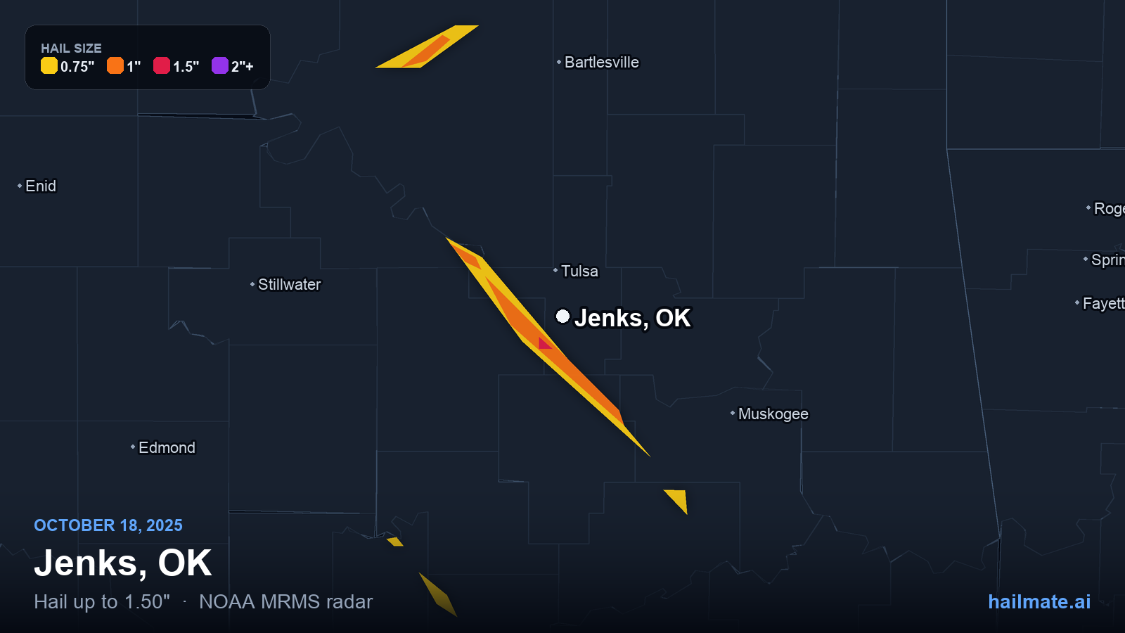 Hail swath map for Jenks, OK on October 18, 2025 showing 1.50 inch hail.