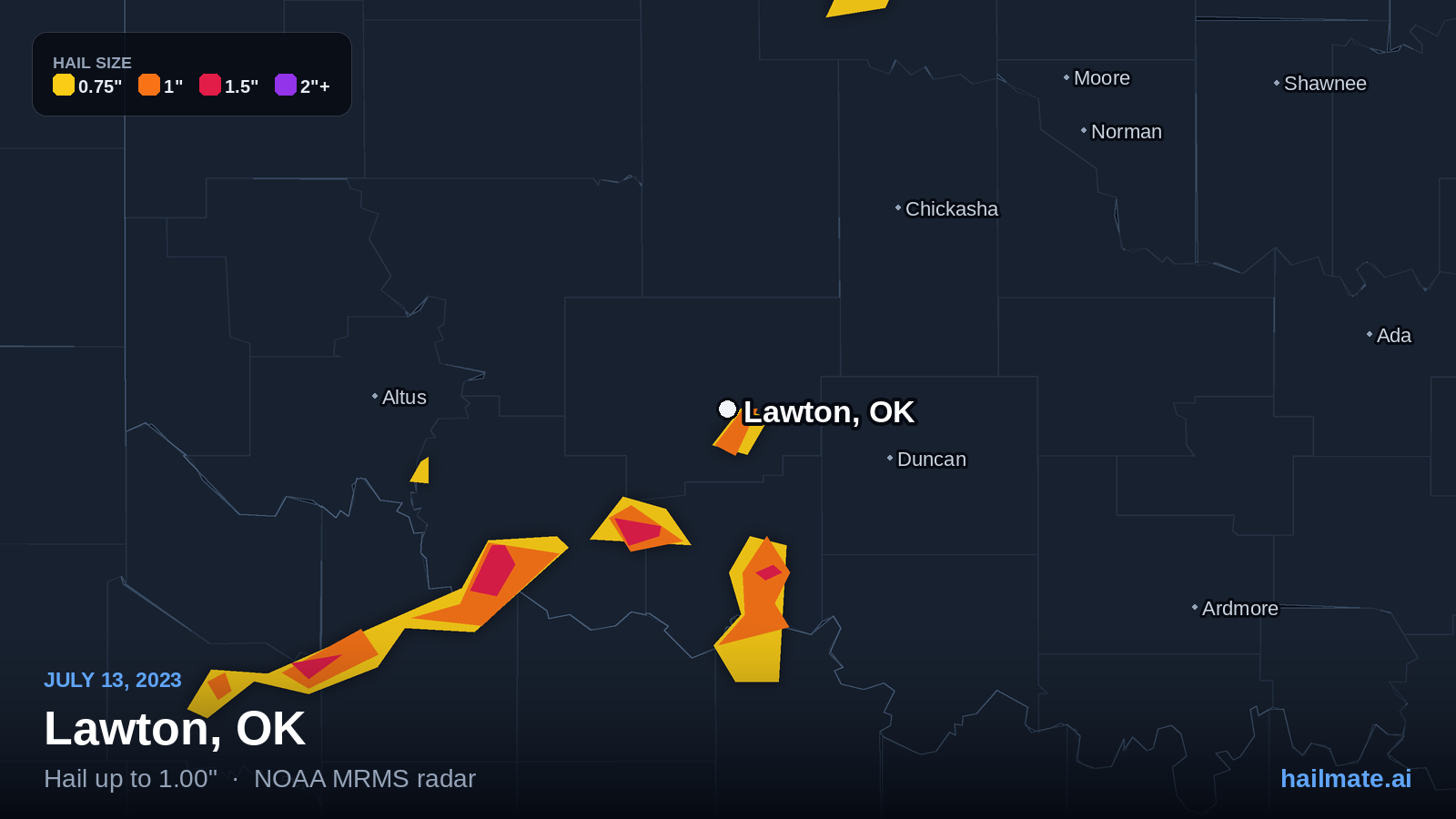 Hail swath map for Lawton, OK on July 13, 2023 showing 1.00 inch hail.