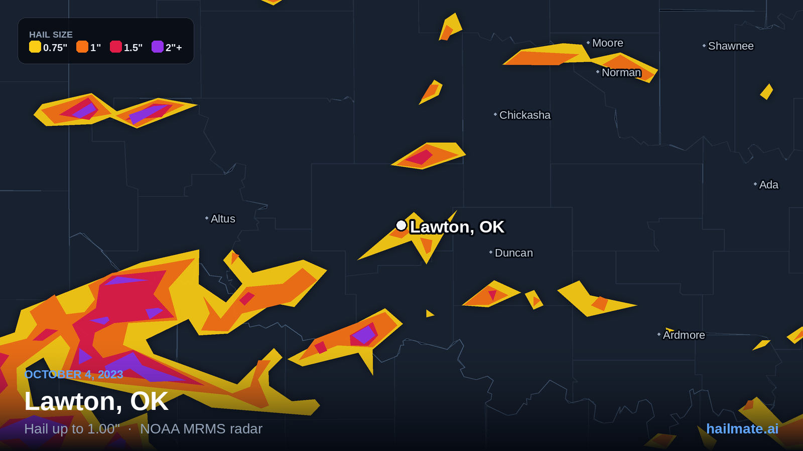 Hail swath map for Lawton, OK on October 4, 2023 showing 1.00 inch hail.
