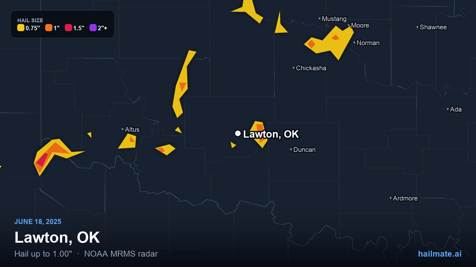 Hail swath map for Lawton, OK on June 18, 2025 showing 1.00 inch hail.