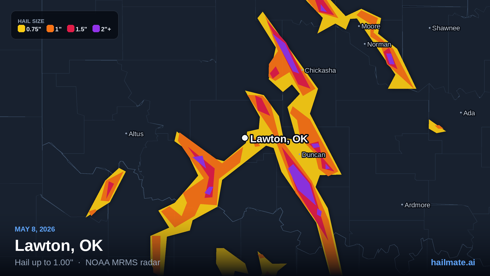 Hail swath map for Lawton, OK on May 8, 2026 showing 1.00 inch hail.